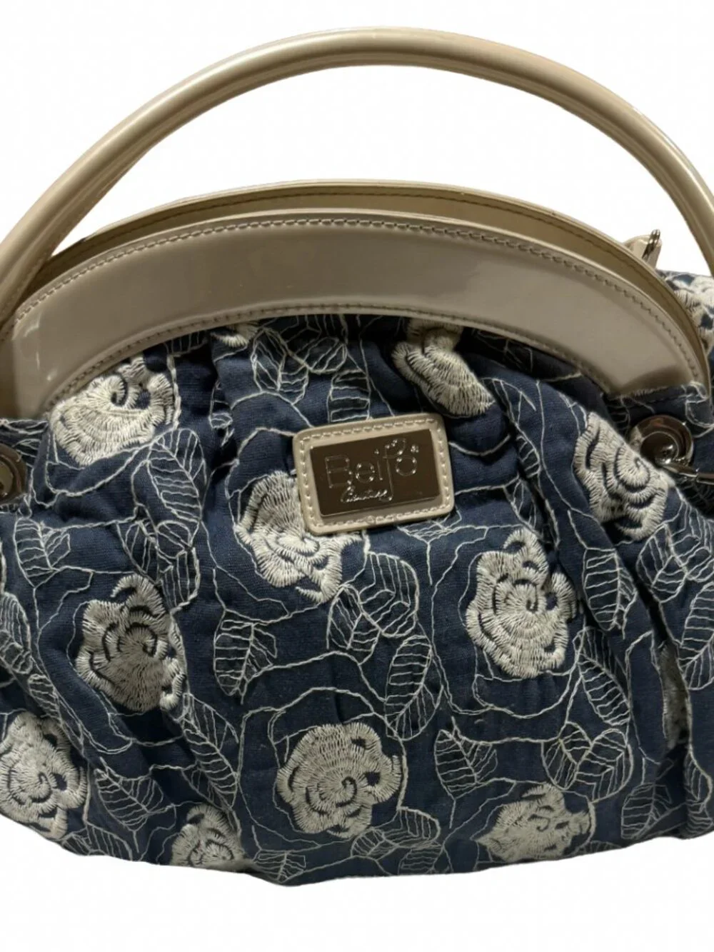 Beijo Blue Floral Embroidered Kiss-Lock Frame Satchel Handbag Cream Trim Dust Ba